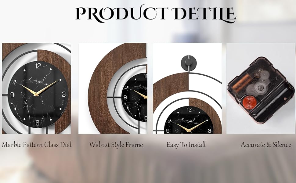 Horloge murale moderne en noyer avec cadran en marbre, grande horloge silencieuse avec cadre en bois et métal, idéale pour la décoration du salon et de la chambre. Idée cadeau déco contemporaine. 60 cm.