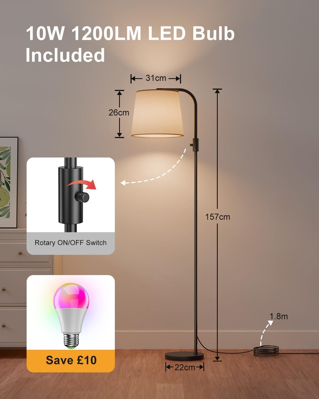 Lampadaire intelligent Alexa 10 W 1200 lm RGB pour salon, lampe arc colorée, ampoules à intensité variable standard, éclairage d'ambiance pour chambre contrôlé par application, lampe de lecture incluse
