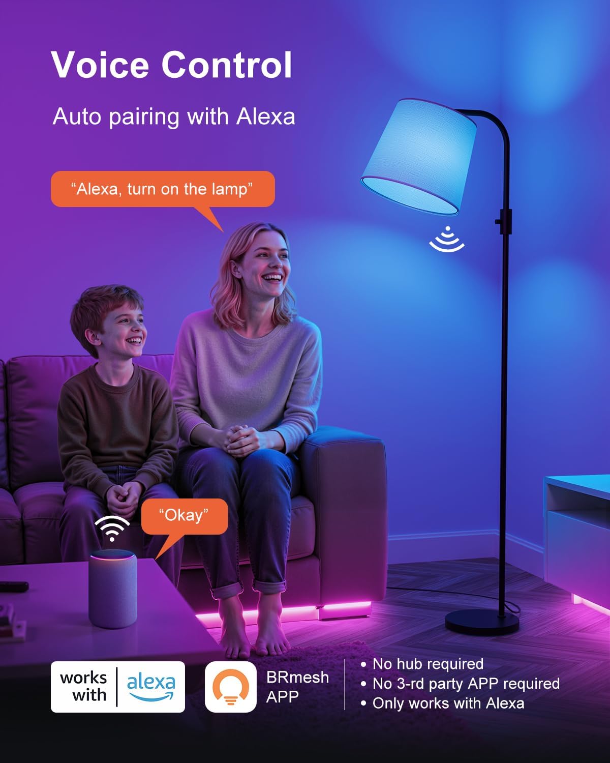 Lampadaire intelligent Alexa 10 W 1200 lm RGB pour salon, lampe arc colorée, ampoules à intensité variable standard, éclairage d'ambiance pour chambre contrôlé par application, lampe de lecture incluse