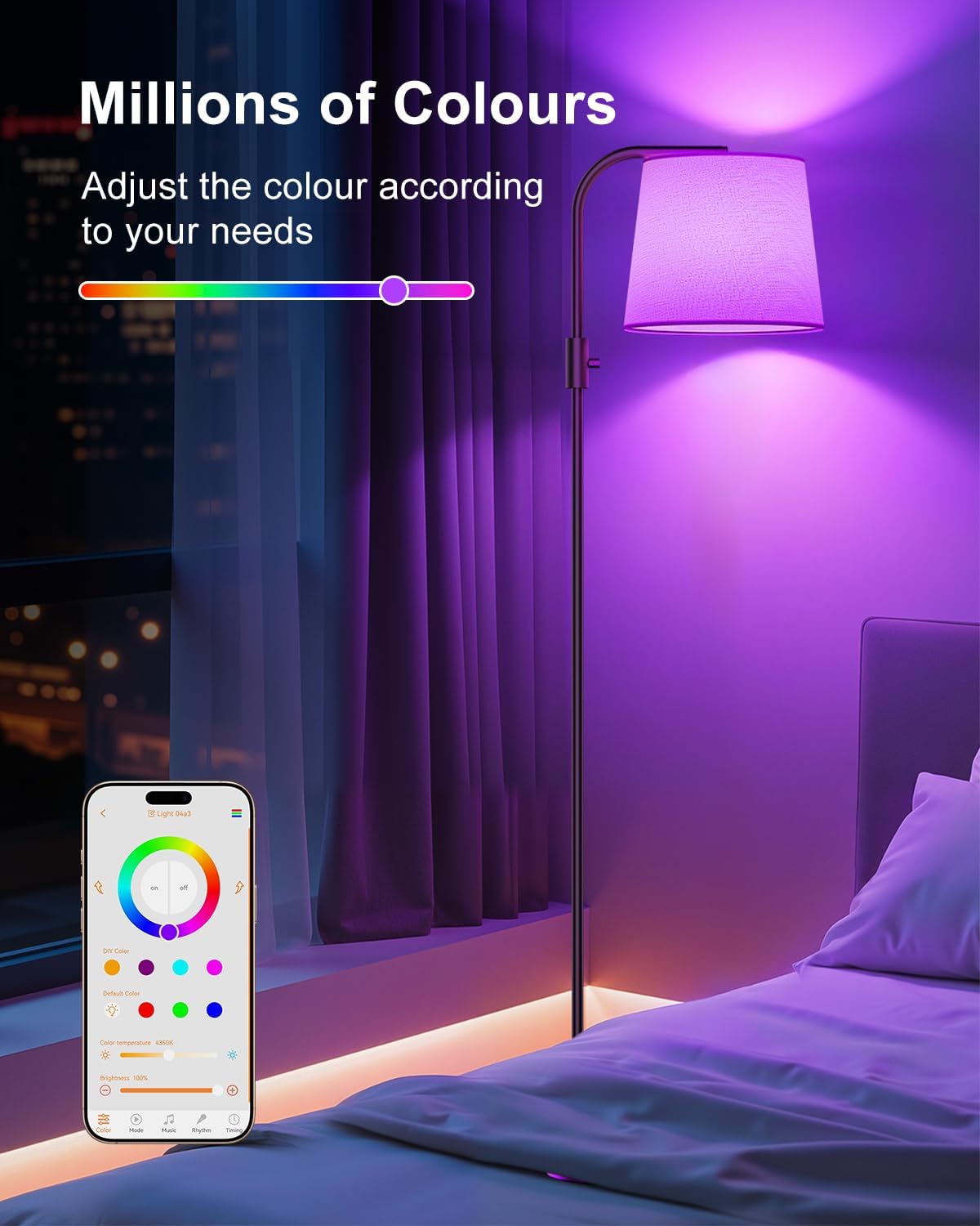 Lampadaire intelligent Alexa 10 W 1200 lm RGB pour salon, lampe arc colorée, ampoules à intensité variable standard, éclairage d'ambiance pour chambre contrôlé par application, lampe de lecture incluse