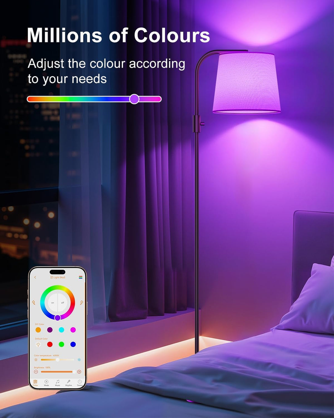 Lampadaire intelligent Alexa 10 W 1200 lm RGB pour salon, lampe arc colorée, ampoules à intensité variable standard, éclairage d'ambiance pour chambre contrôlé par application, lampe de lecture incluse