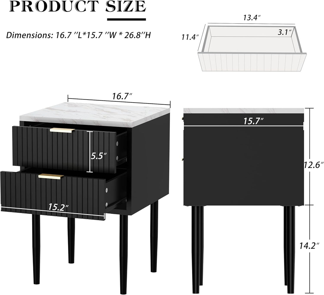 Ensemble de 2 tables de chevet UEV avec plateau en marbre, table de nuit à 2 tiroirs pour chambre, table d'appoint moderne en bois pour salon