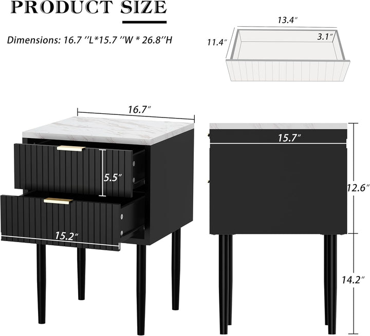 Ensemble de 2 tables de chevet UEV avec plateau en marbre, table de nuit à 2 tiroirs pour chambre, table d'appoint moderne en bois pour salon