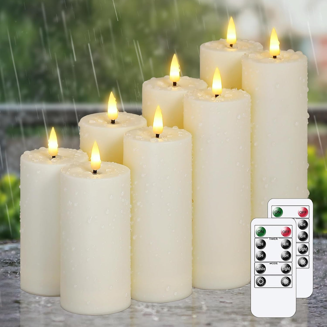 Bougies LED sans flamme, étanches, de 5,5 cm x 10 cm, 10 cm, 12,5 cm, 12,5 cm, 15 cm, 15 cm et 17,5 cm, avec télécommande et minuterie, fonctionnant sur piles, en plastique ivoire, lot de 8, lumière chaude vacillante pour l'extérieur