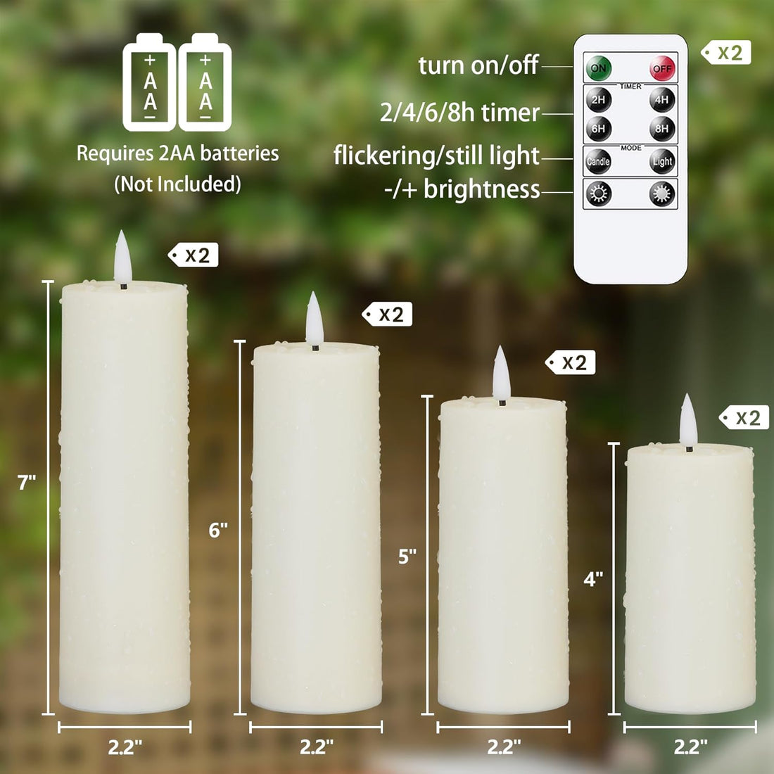 Bougies LED sans flamme, étanches, de 5,5 cm x 10 cm, 10 cm, 12,5 cm, 12,5 cm, 15 cm, 15 cm et 17,5 cm, avec télécommande et minuterie, fonctionnant sur piles, en plastique ivoire, lot de 8, lumière chaude vacillante pour l'extérieur