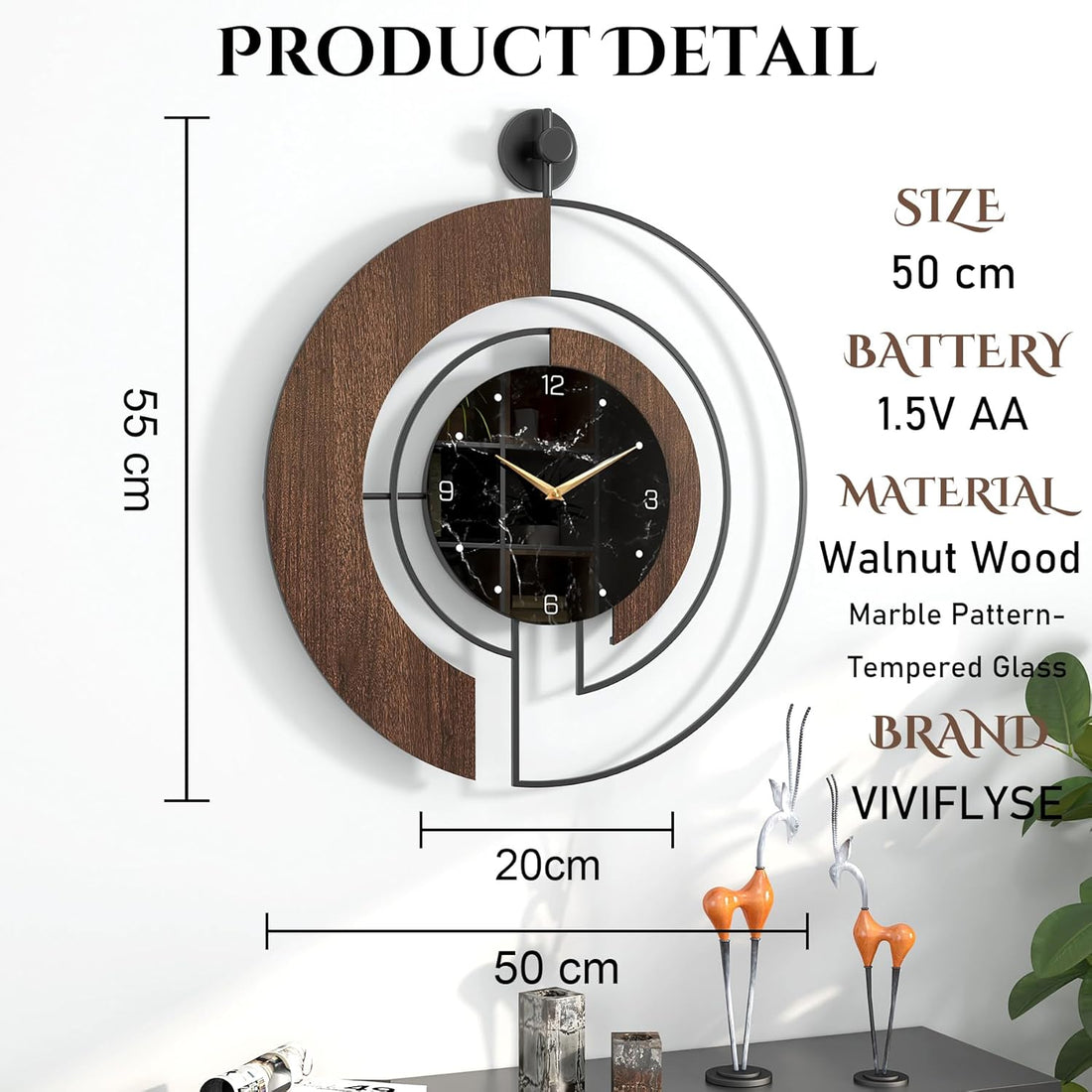 Horloge murale moderne en noyer avec cadran en marbre, grande horloge silencieuse avec cadre en bois et métal, idéale pour la décoration du salon et de la chambre. Idée cadeau déco contemporaine. 60 cm.