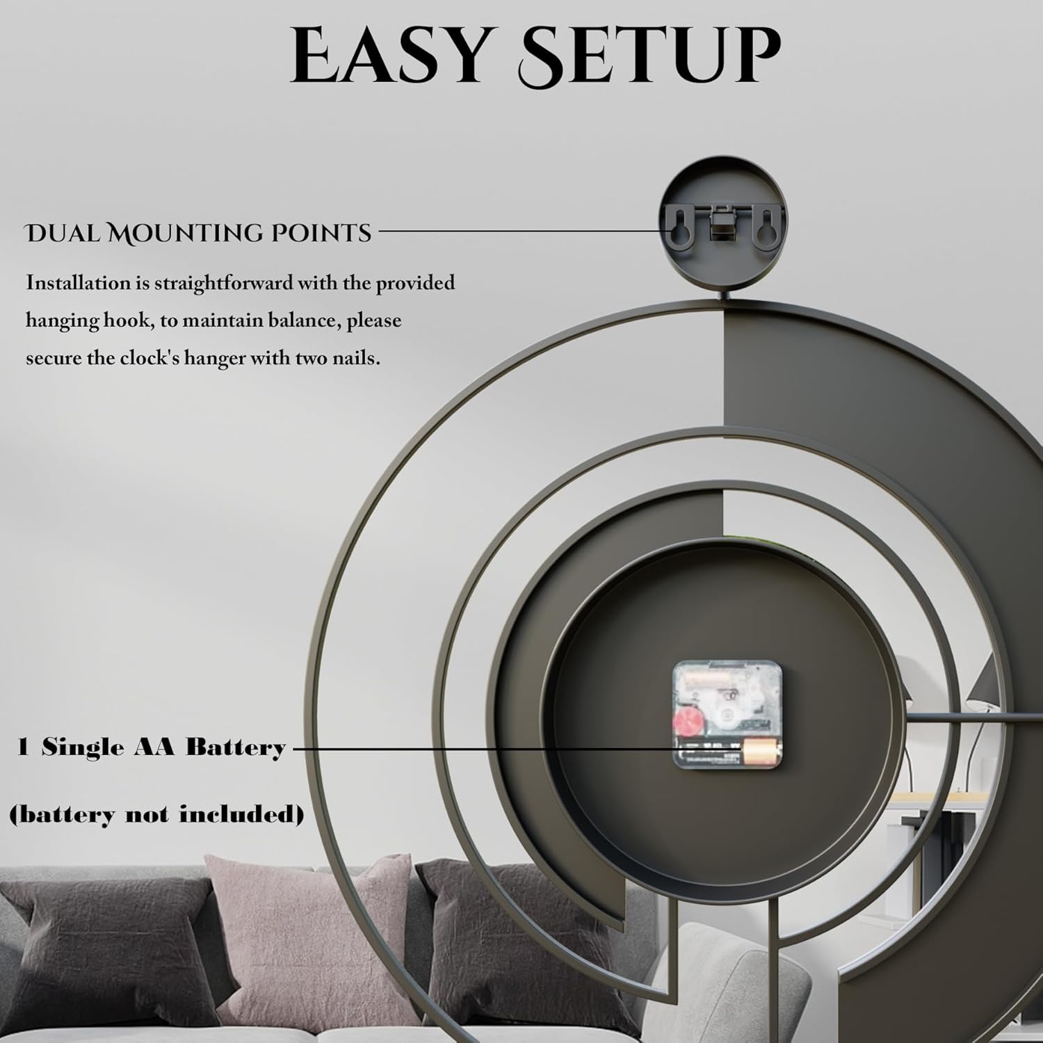 Horloge murale moderne en noyer avec cadran en marbre, grande horloge silencieuse avec cadre en bois et métal, idéale pour la décoration du salon et de la chambre. Idée cadeau déco contemporaine. 60 cm.