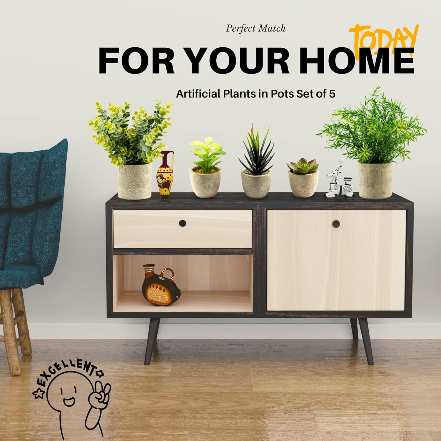 Ensemble de 5 plantes artificielles décoratives en pot - Petites plantes d'intérieur en plastique avec pot - Eucalyptus, romarin, succulentes, mini plantes artificielles pour la décoration murale, de bureau ou de chambre