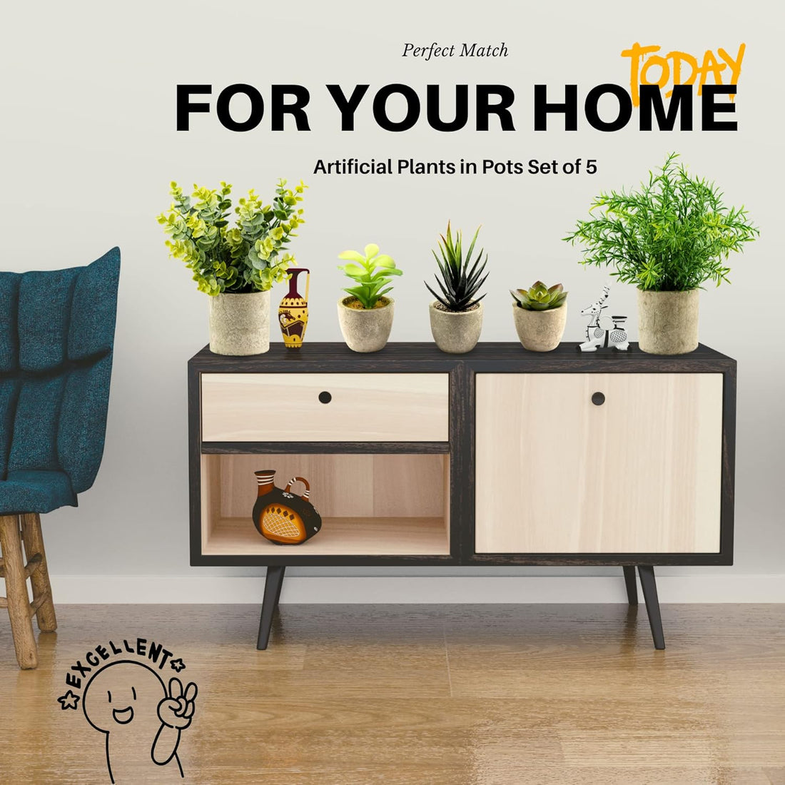 Ensemble de 5 plantes artificielles décoratives en pot - Petites plantes d'intérieur en plastique avec pot - Eucalyptus, romarin, succulentes, mini plantes artificielles pour la décoration murale, de bureau ou de chambre