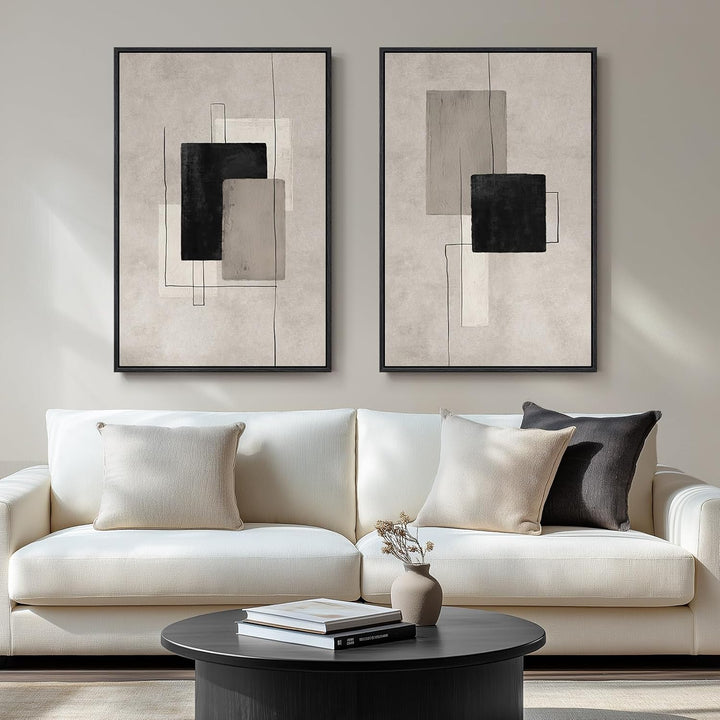 Grand tableau abstrait neutre encadré pour salon, ensemble de 2 impressions sur toile modernes noires et beiges, œuvres d'art murales, tableaux minimalistes à lignes géométriques pour la décoration murale d'un couloir ou d'un bureau, 24 x 36 pouces