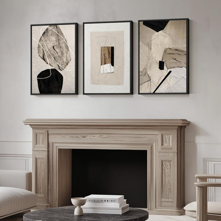 Ensemble de 3 tableaux abstraits neutres encadrés sur toile, style moderne, minimalistes, noirs et beiges, pour décorer les murs de votre salon, couloir, escalier, chambre ou bureau (40 x 60 cm).
