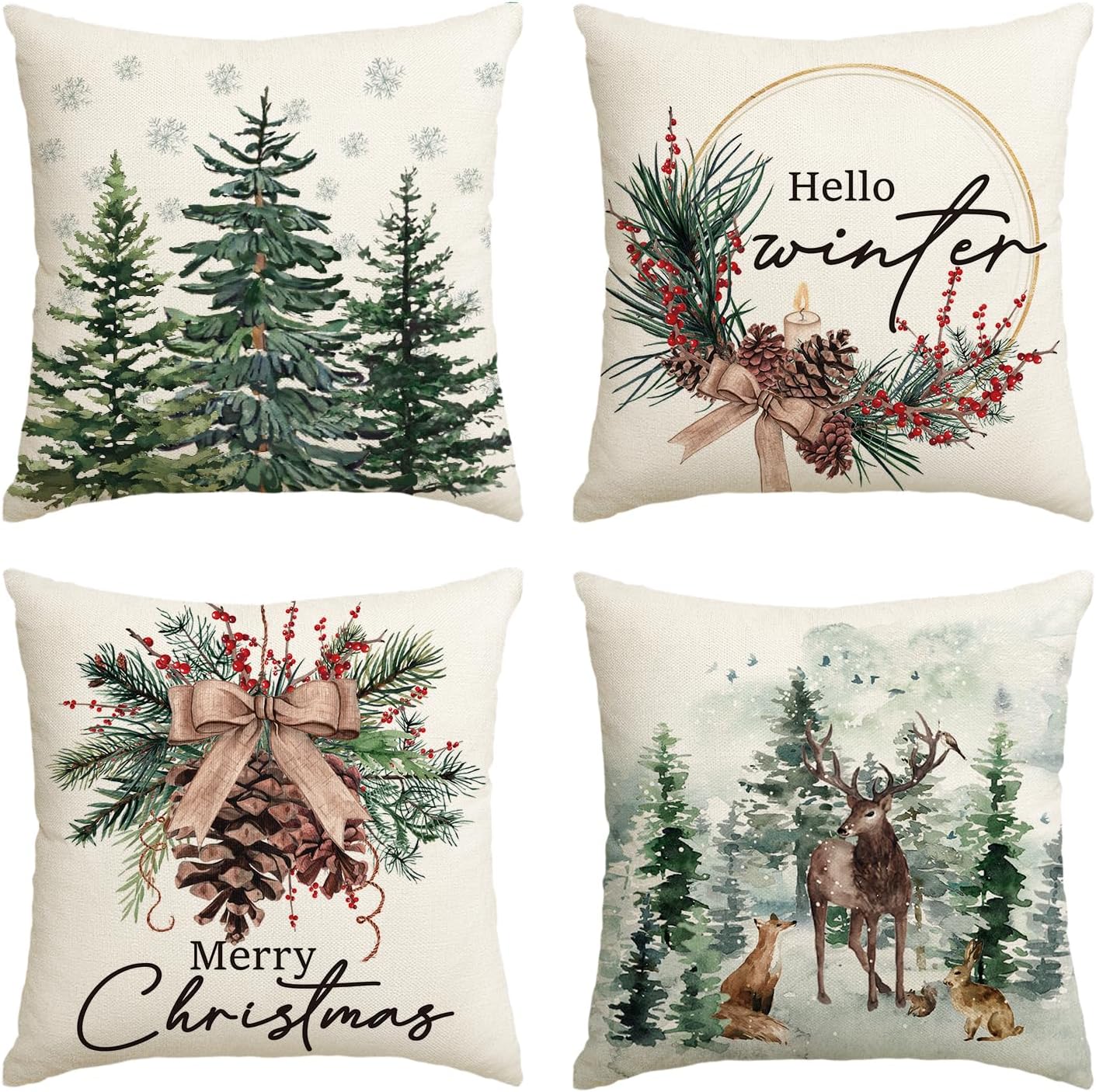 Ensemble de 4 housses de coussin décoratives de Noël Artoid Mode, motif sapins et rennes, 45 x 45 cm, pour canapé ou salon.