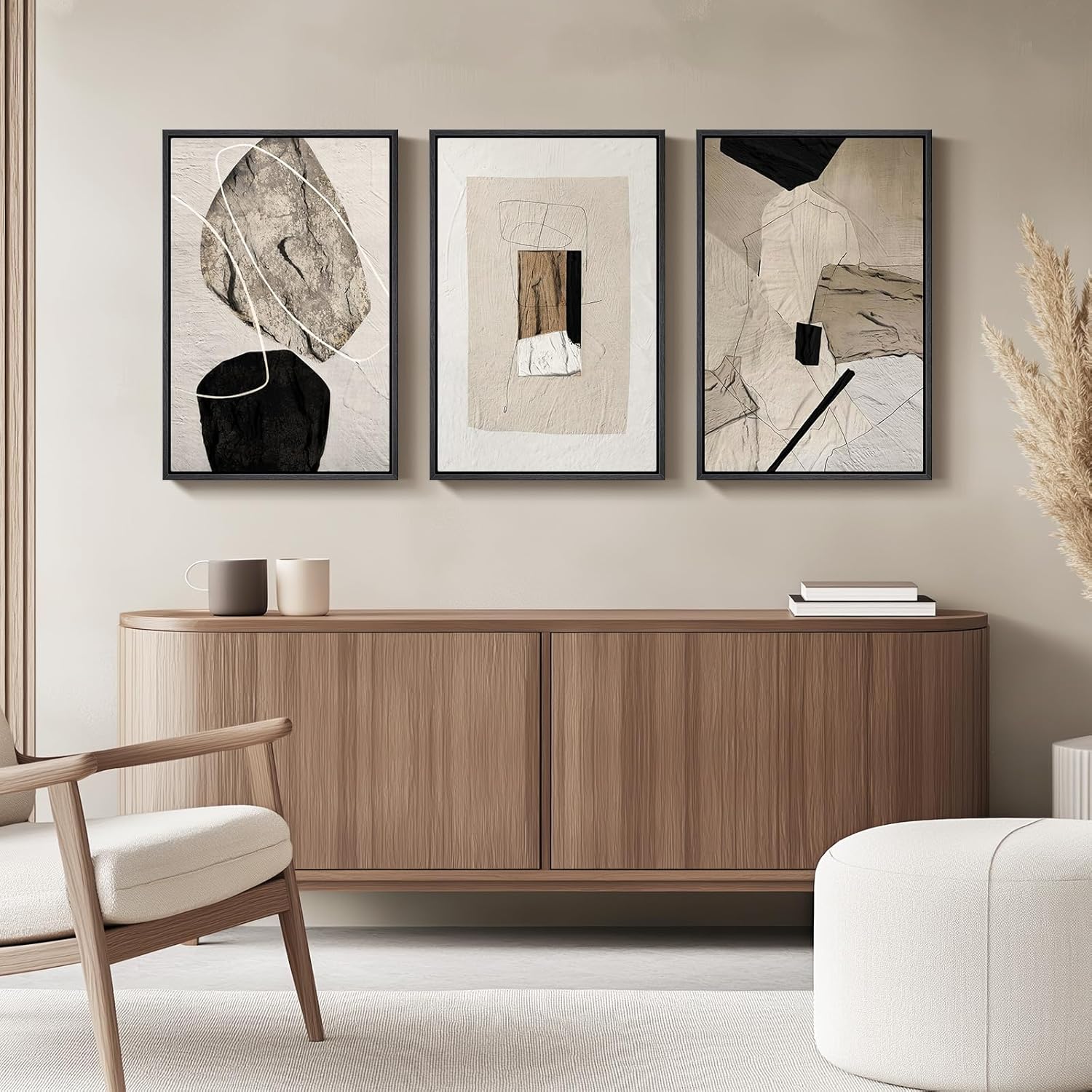 Ensemble de 3 tableaux abstraits neutres encadrés sur toile, style moderne, minimalistes, noirs et beiges, pour décorer les murs de votre salon, couloir, escalier, chambre ou bureau (40 x 60 cm).