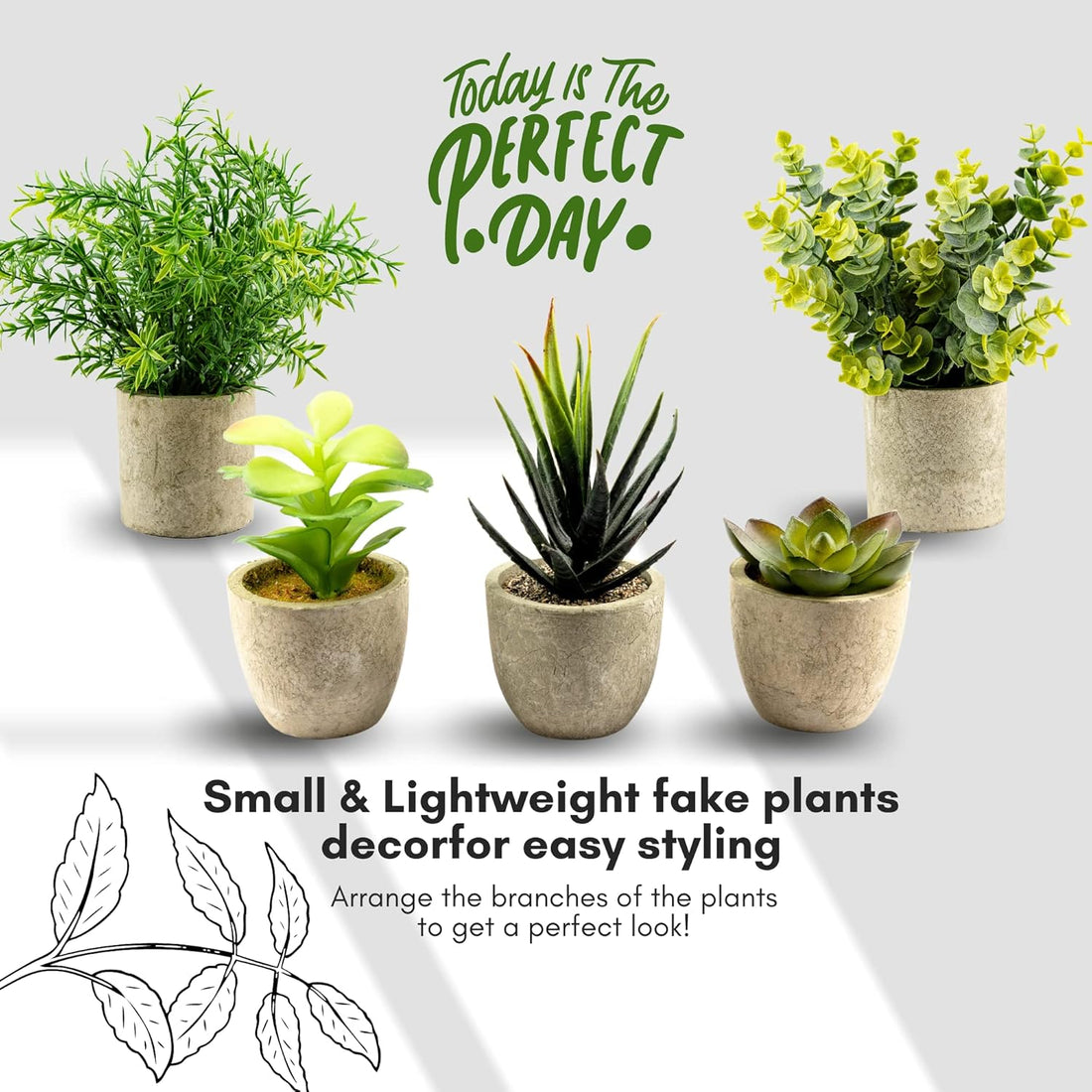 Ensemble de 5 plantes artificielles décoratives en pot - Petites plantes d'intérieur en plastique avec pot - Eucalyptus, romarin, succulentes, mini plantes artificielles pour la décoration murale, de bureau ou de chambre