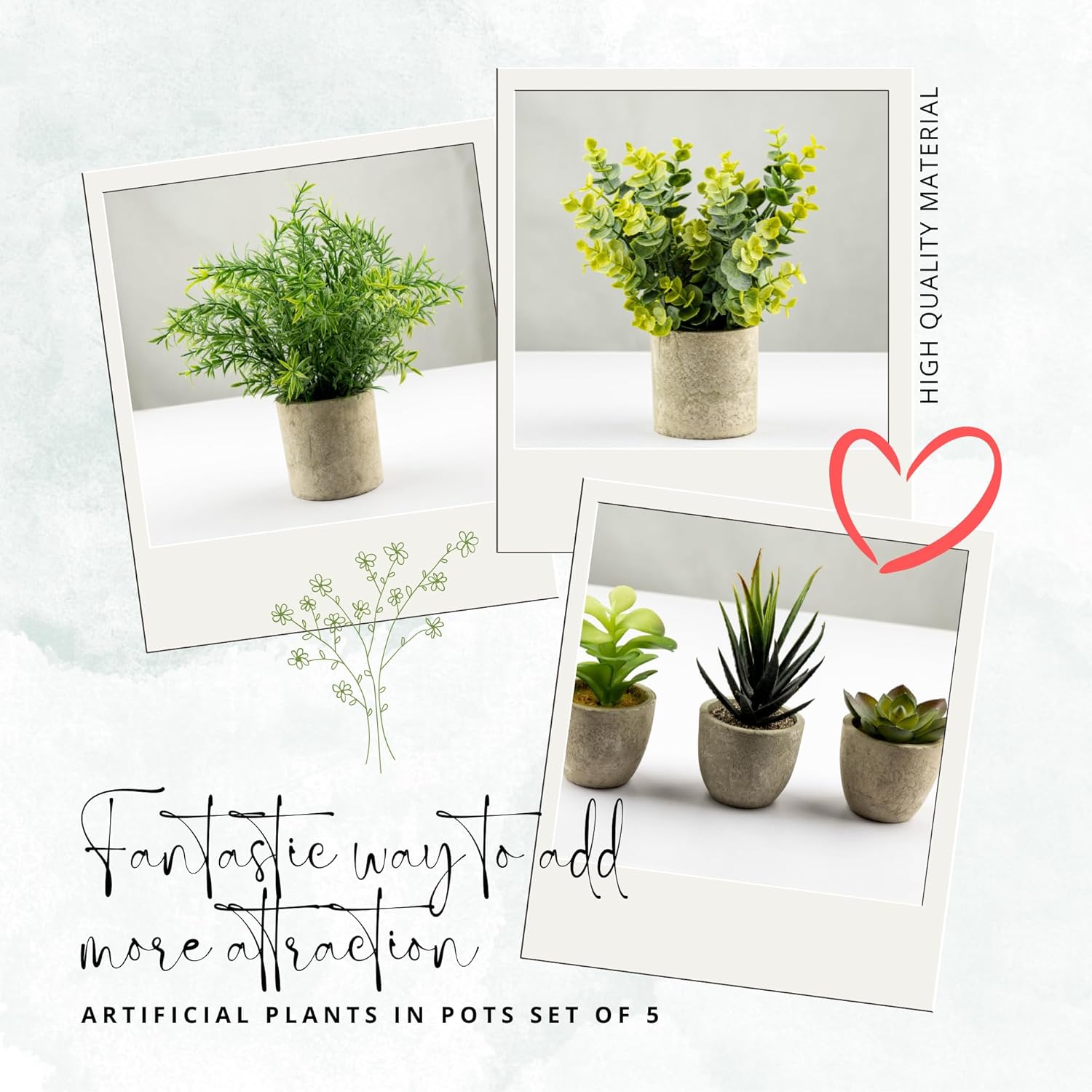Ensemble de 5 plantes artificielles décoratives en pot - Petites plantes d'intérieur en plastique avec pot - Eucalyptus, romarin, succulentes, mini plantes artificielles pour la décoration murale, de bureau ou de chambre
