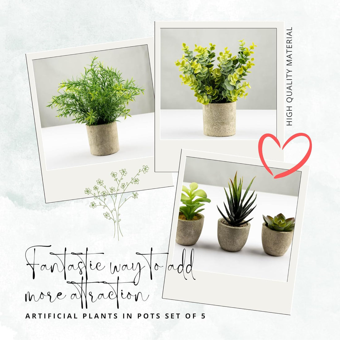 Ensemble de 5 plantes artificielles décoratives en pot - Petites plantes d'intérieur en plastique avec pot - Eucalyptus, romarin, succulentes, mini plantes artificielles pour la décoration murale, de bureau ou de chambre