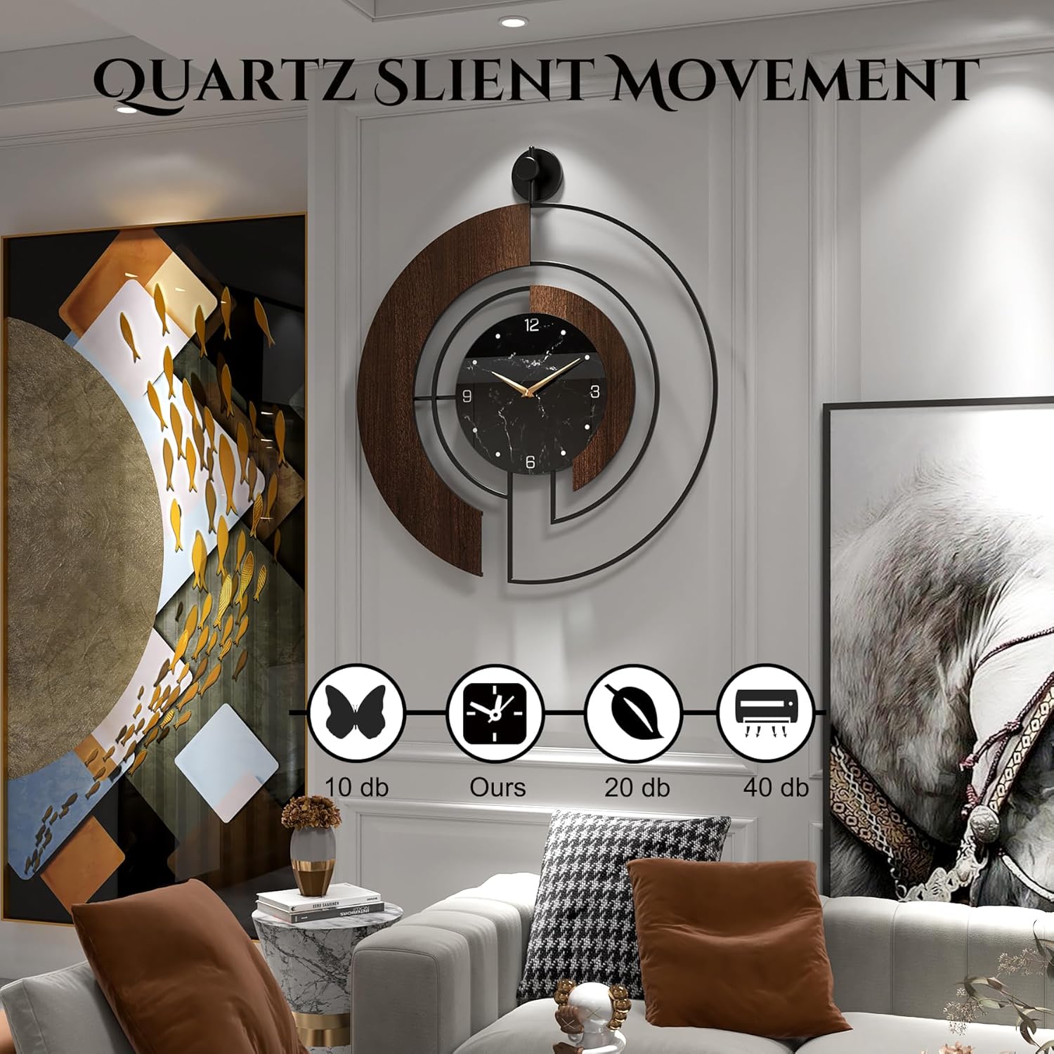 Horloge murale moderne en noyer avec cadran en marbre, grande horloge silencieuse avec cadre en bois et métal, idéale pour la décoration du salon et de la chambre. Idée cadeau déco contemporaine. 60 cm.