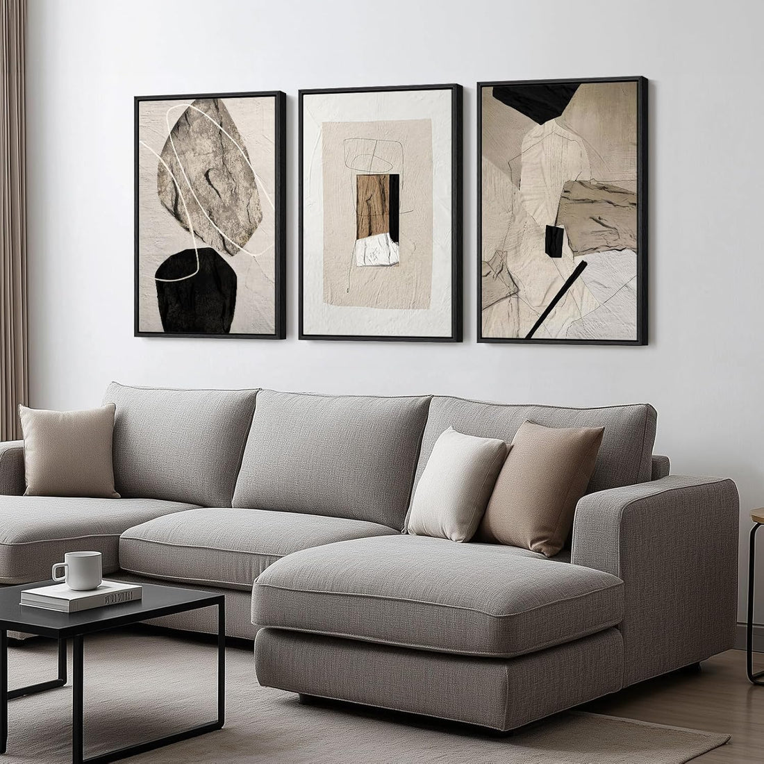 Ensemble de 3 tableaux abstraits neutres encadrés sur toile, style moderne, minimalistes, noirs et beiges, pour décorer les murs de votre salon, couloir, escalier, chambre ou bureau (40 x 60 cm).