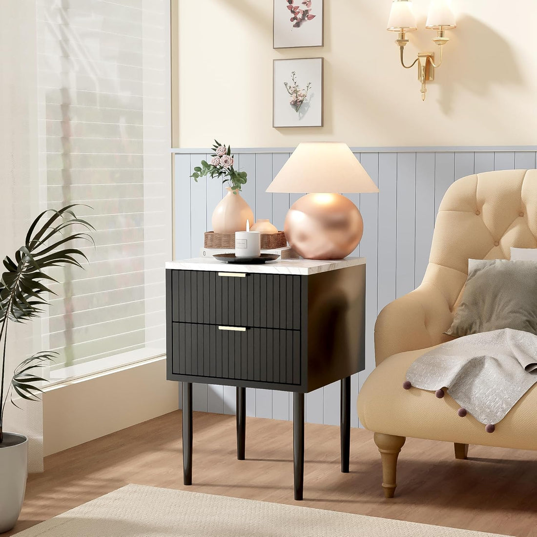 Ensemble de 2 tables de chevet UEV avec plateau en marbre, table de nuit à 2 tiroirs pour chambre, table d'appoint moderne en bois pour salon