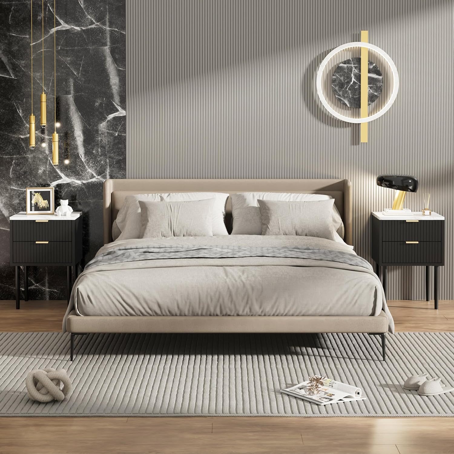 Ensemble de 2 tables de chevet UEV avec plateau en marbre, table de nuit à 2 tiroirs pour chambre, table d'appoint moderne en bois pour salon